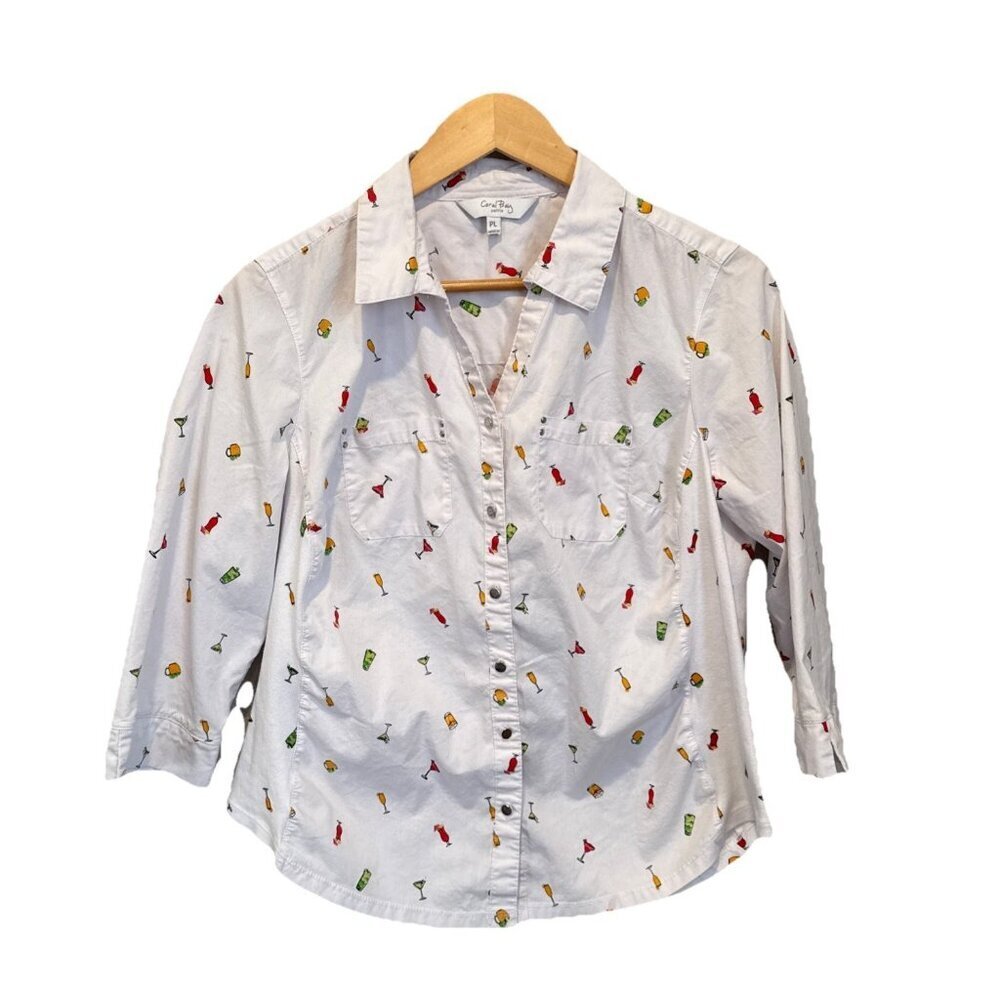 Coral Bay White Button Down Shirt Cocktails Wine Novelty Print 3/4 Sleeve Sz PL